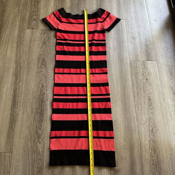 BEBE Dress Size P/S Coral Red Black Stripe Off Shoulder Bodycon Y2K Body Shaping - Picture 4 of 11